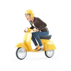 Tuinposter 3d cartoon man riding a scooter © 3Dmask