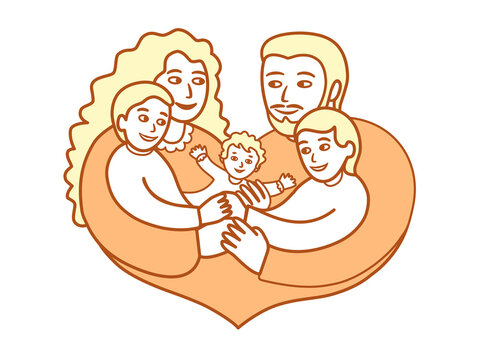 Family illustration in the shape of a heart. Mom Dad and children are circled as a symbol of love. Childbirth cute icon. A beautiful picture that evokes emotions. Love for each other. Feelings logo.