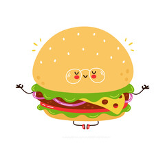 Cute funny burger in glasses character meditate. Vector hand drawn cartoon kawaii character illustration icon. Isolated on white background. Burger character concept