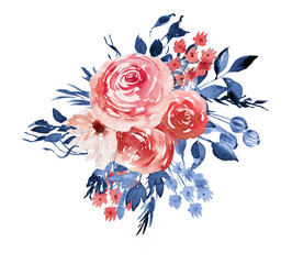 Watercolor red and blue floral clipart, Boho blue flowers clipart, Hand painted blue and red rose bouquet png for baby shower, birthday cards, 4th of july 