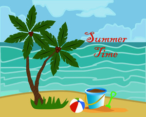 Summer vacation on the Bech with sand pail, a ball and a swimming tube. Summer beach poster vector illustration