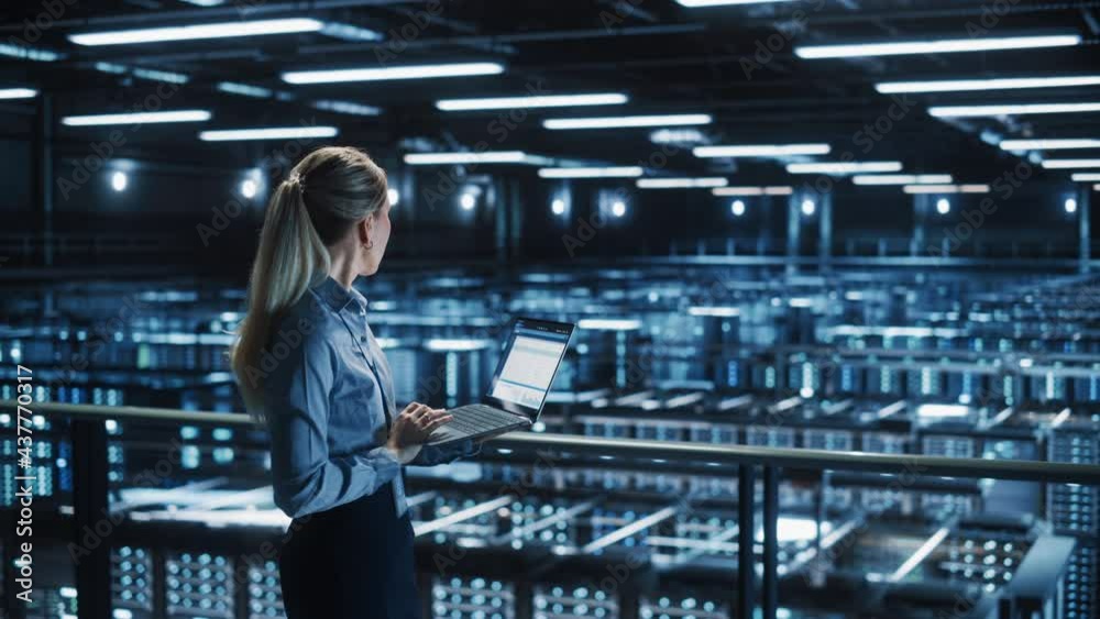 Aufkleber data center female it specialist using laptop. server farm cloud computing facility with beautiful m