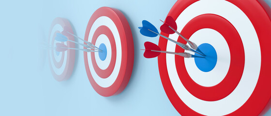 Panoramic dart hitting target on blue background. Bullseye success concept.