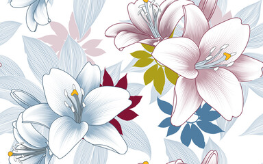 Colorful floral seamless pattern with blue flowers of lilies. Vector illustration.
