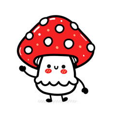 Cute funny happy amanita mushroom. Vector hand drawn cartoon kawaii character illustration icon. Isolated on white background. Funny amanita mushroom mascot character concept