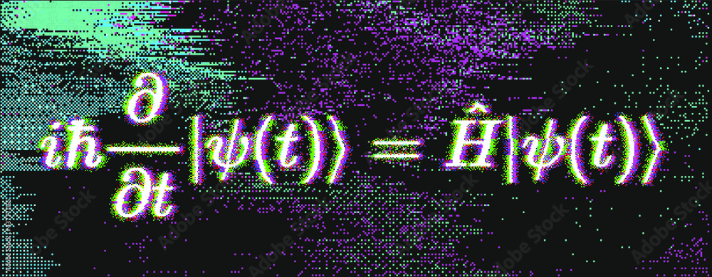 Poster Position-space Schrodinger equation for a single nonrelativistic particle in one dimension. Conceptual illustration of the particle field in pixel art style.