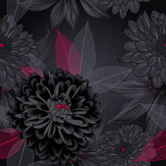 Abstract elegant seamless pattern with hand-drawn chrysanthemums flowers and leaves. Pattern for creating packaging, wallpaper, fabric.