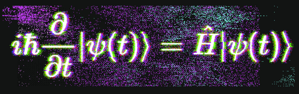 Position-space Schrodinger equation for a single nonrelativistic particle in one dimension. Conceptual illustration of the particle field in pixel art style.
