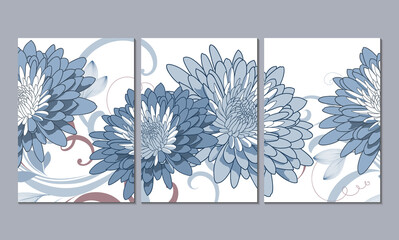 Set of 3 canvases for wall decoration in the living room, office, bedroom, kitchen, office. Home decor of the walls. Floral background with flowers of chrysanthemum. Element for design. 