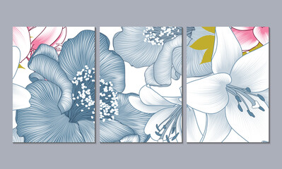 Home decor of the walls. Floral background with flower camelia and lily. Element for design. Set of 3 canvases for wall decoration in the living room, office, bedroom, office.  Vector illustration.