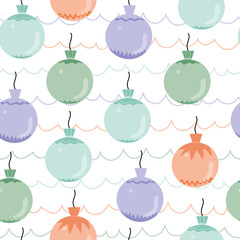 Vector seamless pattern with pastel new years tree toys for package, background, card.