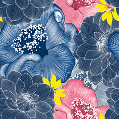 Seamless  hand drawn floral pattern with camelia and dahlia flowers. Vector illustration. Element for design.
