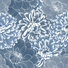 Seamless  hand drawn floral pattern with dahlia and chrysanthemum flowers. Vector illustration. Element for design.