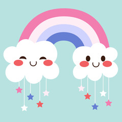 Cute colorful cloud characters with stars rain and rainbow on top