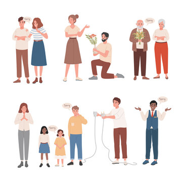 Set of men and women saying sorry to their close people vector flat illustration. Disappointed and upset male and female characters apologizing to offended people. Human relationships concept.