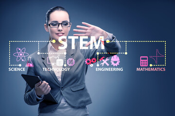 Businesswoman pressing virtual buttons in STEP education concept
