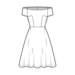 Set of Dresses off-shoulder Bardot technical fashion illustration with short sleeves, fitted body, knee length semi-circular skirt. Flat apparel front, white color style. Women, men unisex CAD mockup