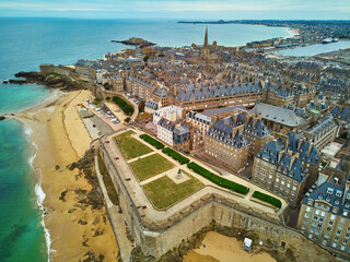 Scenic aerial drone view of Saint-Malo Intra-Muros, Brittany, France - obrazy, fototapety, plakaty
