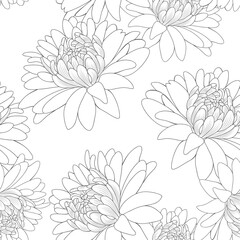 Elegant seamless pattern with hand-drawn chrysanthemums flowers and leaves. Pattern for creating packaging, wallpaper, fabric.