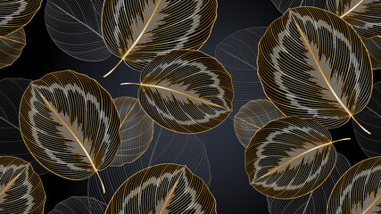 Luxury golden seamless floral pattern with calathea leaves.