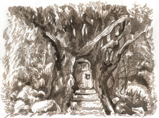 House in the old forest. A door in the old thicket of the forest. Awful old tale.