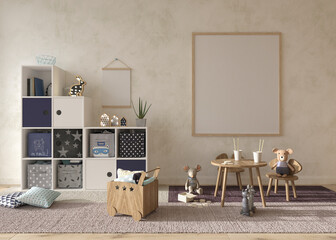 Obraz premium Children room interior scandinavian style. Mock up frame on wall background. Kids farmhouse style 3d rendering illustration.