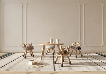 Children room interior scandinavian style with natural wooden furniture. Mock up on wall background. Kids farmhouse style 3d rendering illustration.