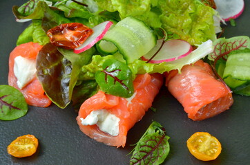 fresh Salmon vegetable salad on rustik background