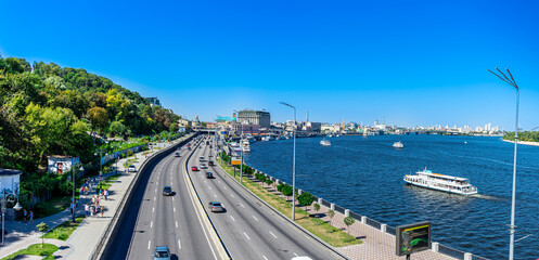 Panoramic view of Podol district and Dnypro river from pedestrian bridge in Kyiv, Ukraine on August 30, 2020. 