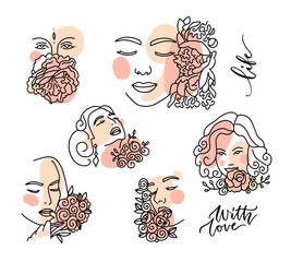 Modern continuous line art set of woman face with geometric shapes with flowers. Hand drawn linear illustration for fashion design, T-shirt, poster, cover, home decoration, Vector one line drawing
