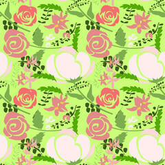 Pattern rose e fiori su sfondo verde