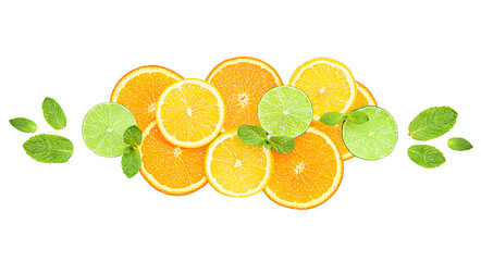 composition of sliced oranges, lemons, lime and mint. isolated on white background
