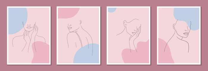 Set of posters template with minimalistic female figure. Linear female body and abstract shapes. Modern abstract line art style. Vector illustration. 