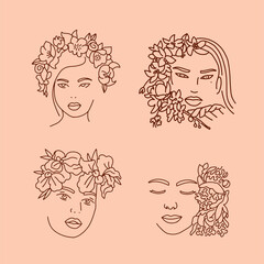 Elegant women's faces in one line art style with flowers in hairs. Continuous line art in minimalistic style for prints, posters, cards. Beautiful female fashion face Vector hand drawn illustration