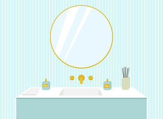 Illustration of a bathroom, washbasin with gold taps, a mirror on a blue wall.