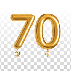 Vector realistic isolated golden balloon number of 70 for invitation decoration on the transparent background. - obrazy, fototapety, plakaty