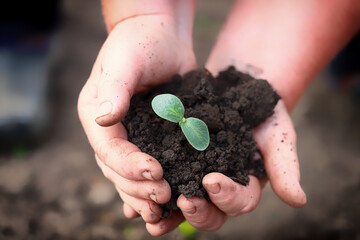 Hands with soil and green sprout.