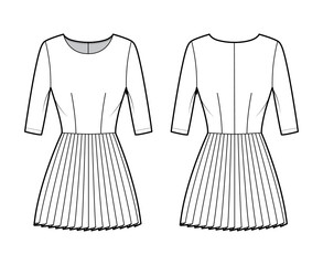 Dress pleated technical fashion illustration with elbow sleeves, fitted body, mini length skirt. Flat apparel front, back, white color style. Women, men unisex CAD mockup