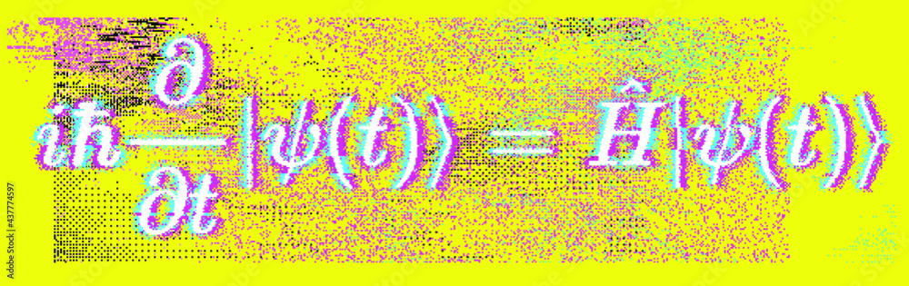 Poster Position-space Schrodinger equation for a single nonrelativistic particle in one dimension. Conceptual illustration of the particle field in pixel art style.