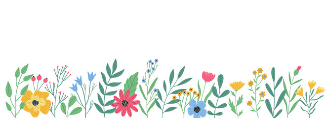 Summer botanical banner or floral backdrop with colorful  flowers and leaves border isolated on white background. Vector illustration