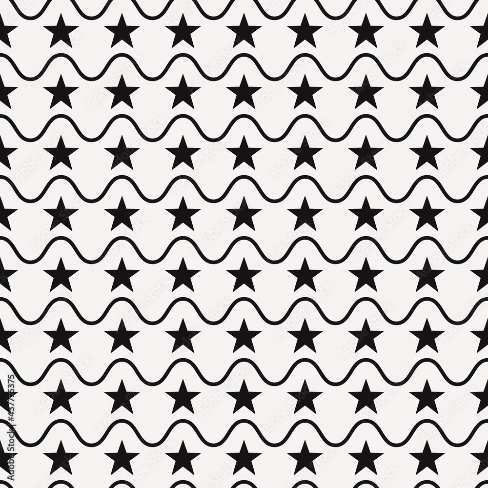 Poster black stars and curves pattern. vector seamless ornament. repeated stars and waves make minimal deco