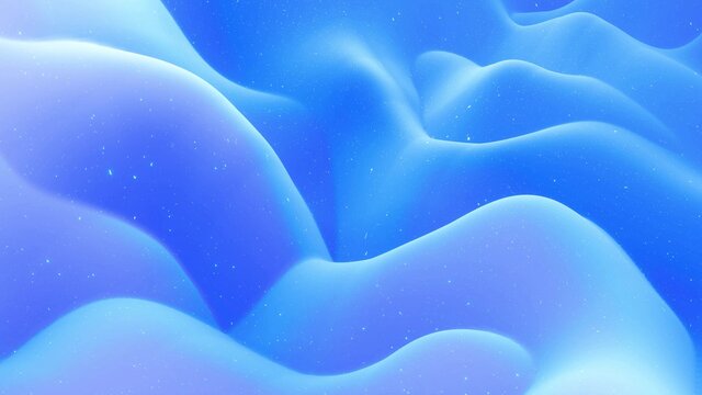 Abstract waves of soft blue matte material with light inner glow and glitters on surface. Abstract geometric surface like landscape or terrain, extrude or displace 3d noise. 3d render