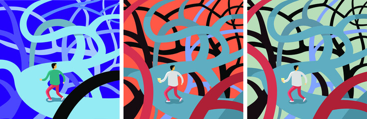 Man lost in maze, vector illustration. Confusion. Doesn't know what to do. Finding a way and a solution. Crossed roads. Labyrinth in different colors. A mess on roads. Uses the map to find a way out.
