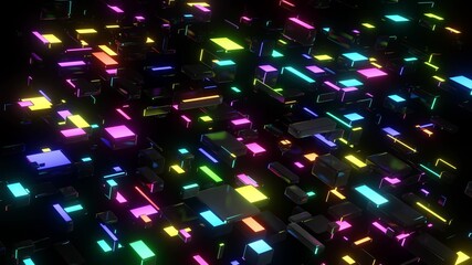 3d render. Different sizes cubes network lighting multicolor neon light, like night city. Abstract dark bg neon cubes light bulbs. Visualisation of working ai big data or blockchain technology.