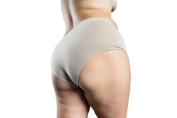 Overweight woman, fat hips and buttocks, obesity female body with stretch marks isolated on white...