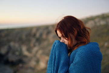 woman outdoors landscape mountains fresh air blue plaid