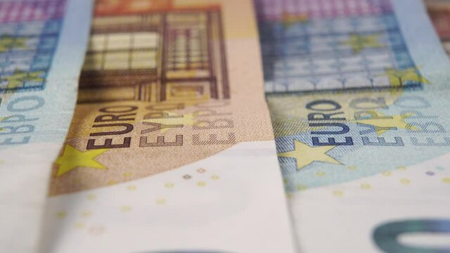 Stacked euro banknotes close up. Macro. Dolly shot. Cash money concept. Using paper bills