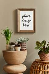 Creative composition of cozy plants lover home interior design with mock up poster frame, wooden furniture and different plants in designed pots. Home garden and nature love concepts. Template.