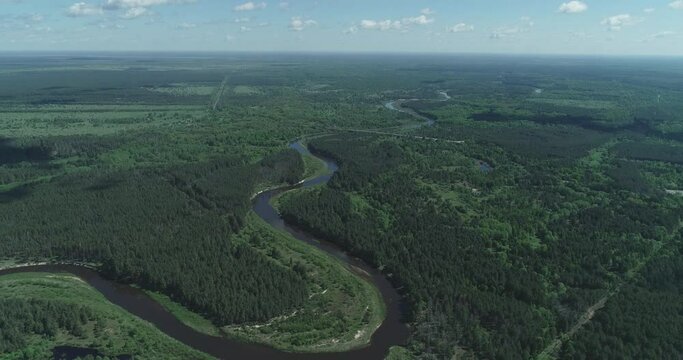 River Uzh in the area of ​​the Chernobyl exclusion zone. Aerial. Ukraine. 