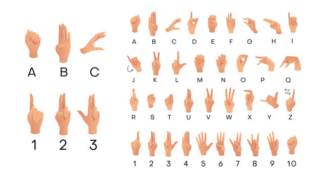 American Sign Language ASL Alphabet. Deaf-mutes hand language. Learning alphabet, nonverbal deaf-mute communication. Vector illustration